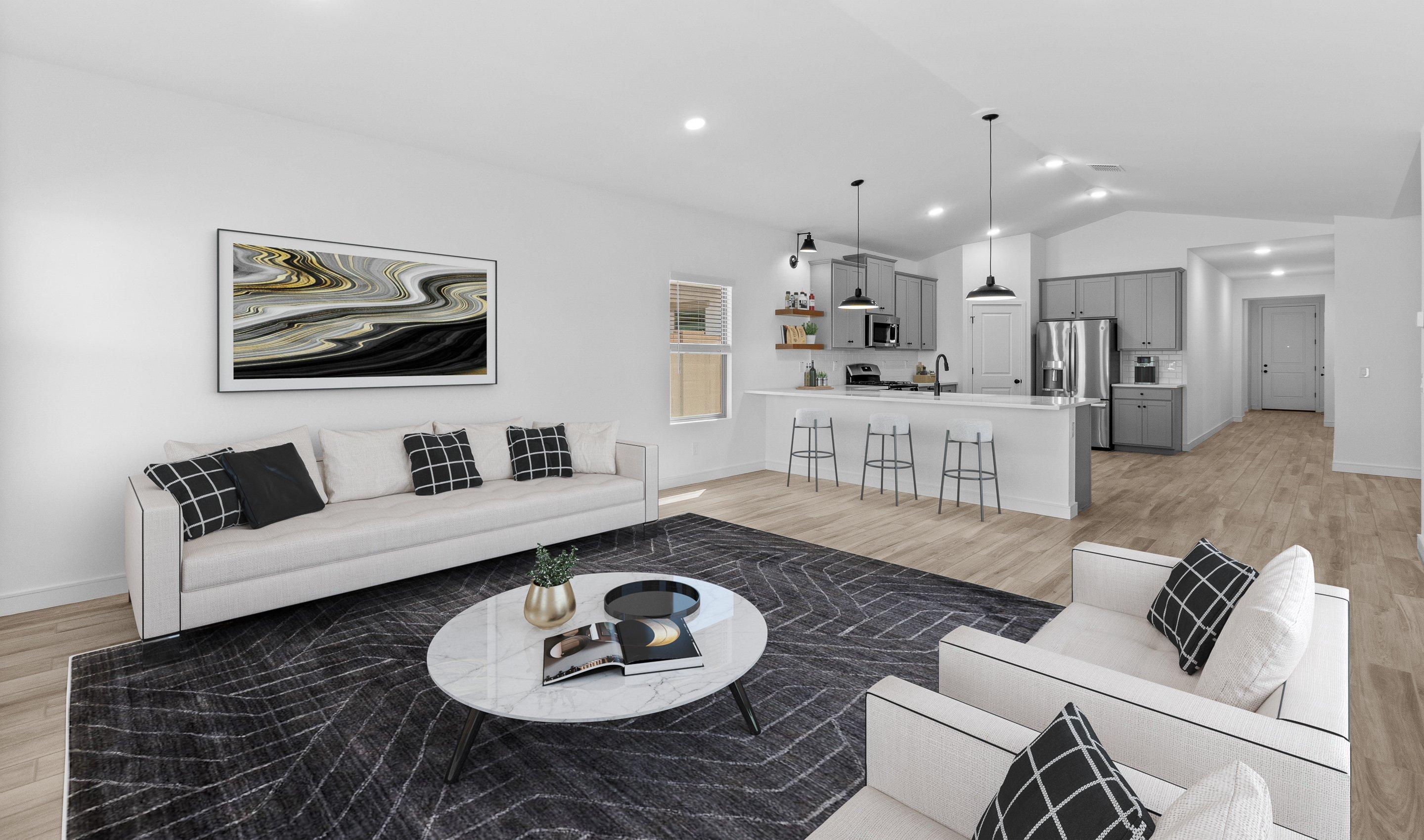 Great room with vaulted ceiling