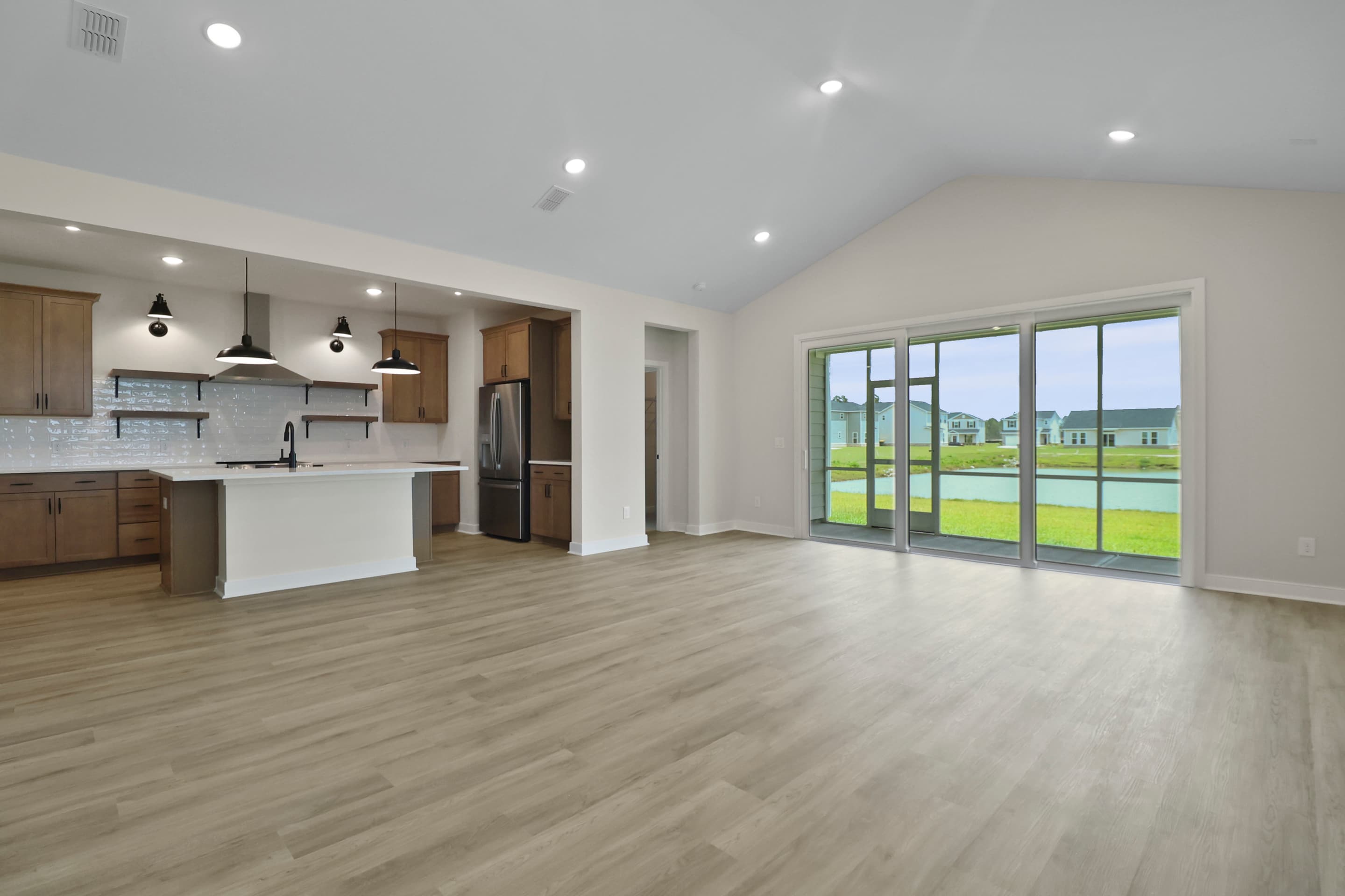Great room with soaring vaulted ceiling