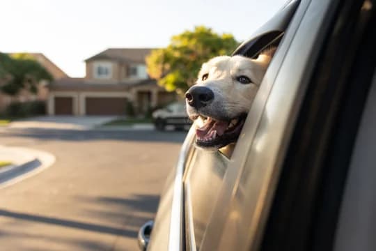 Dog with Head Out of Car Window Driving on Neighborhood Street
