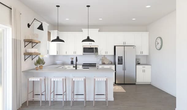 Kitchen with white cabinets & floating shelves