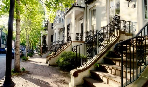 walk up buildings on residential street in downtown Savannah Georgia