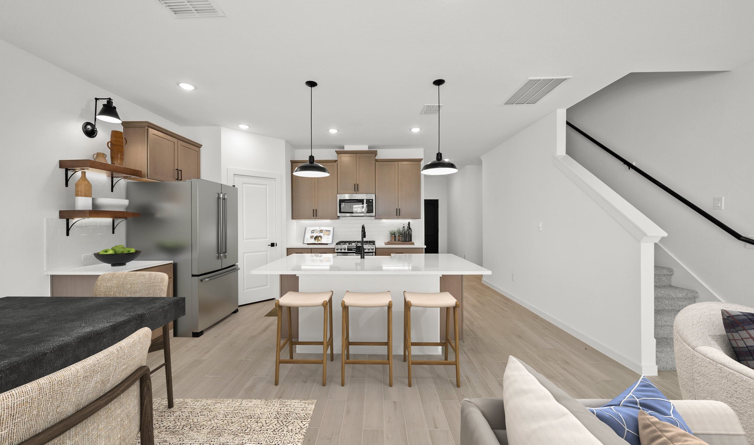 Kitchen with pendant lighting & floating shelves