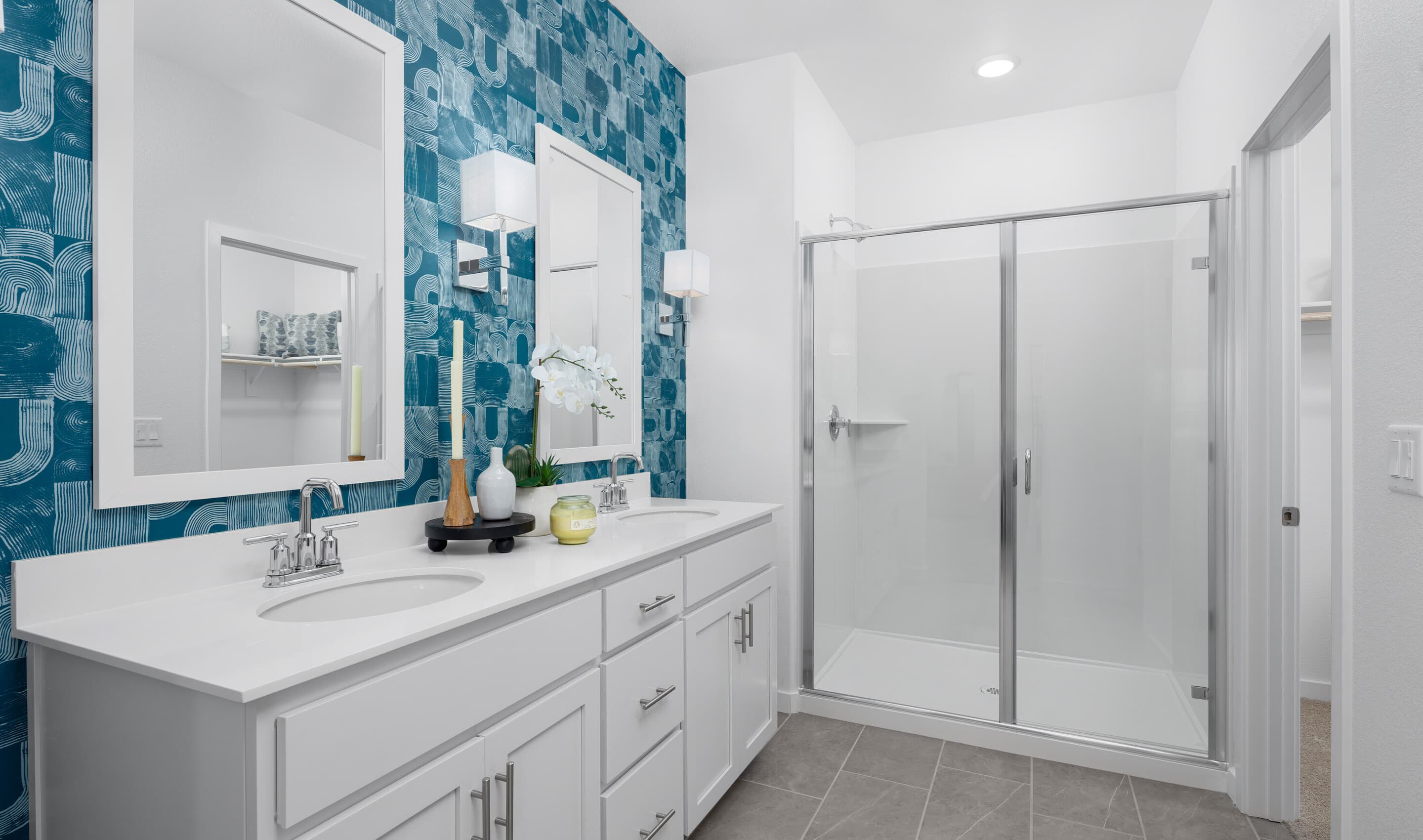 Primary bath with glass shower enclosure