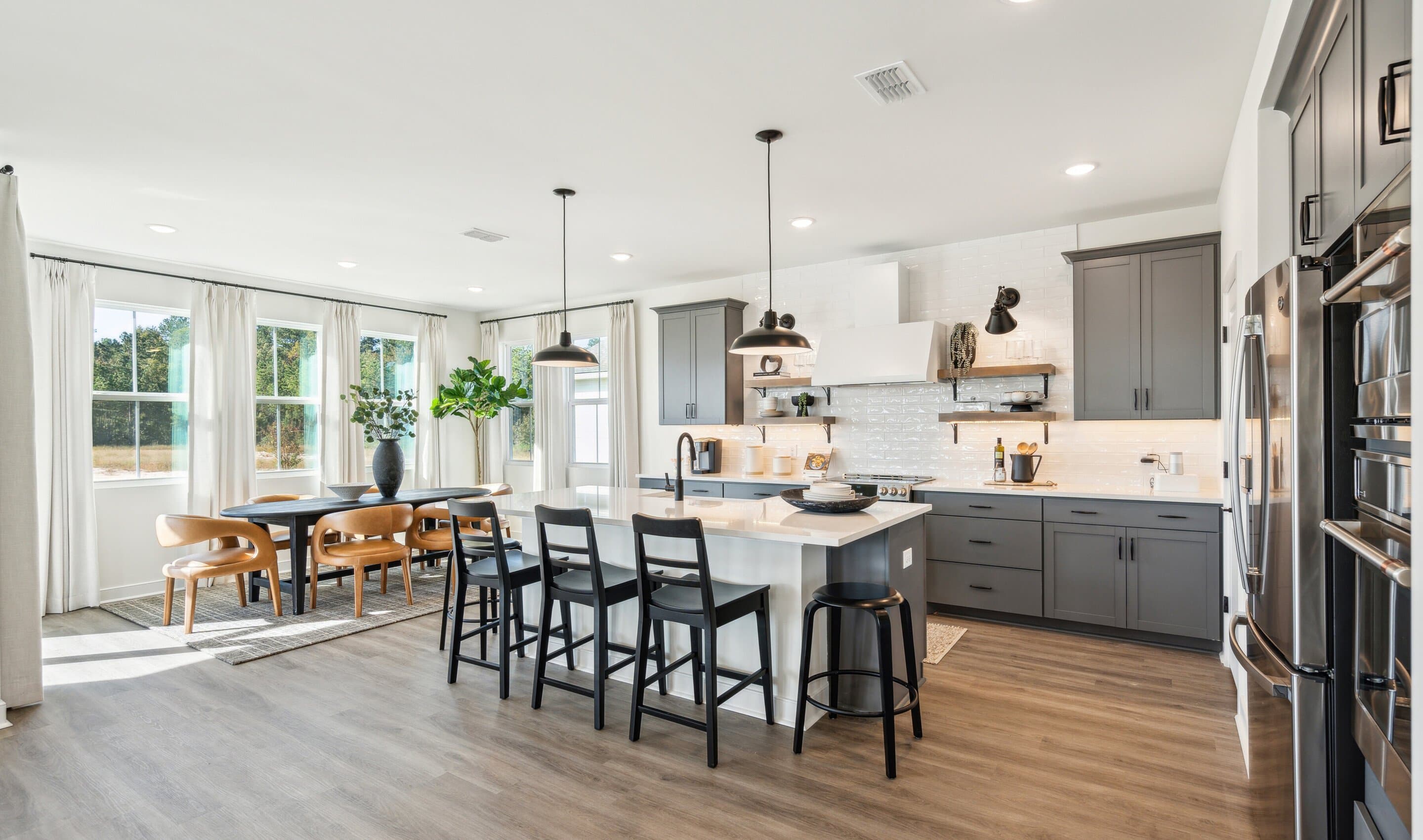 Kitchen with pendant lighting & floating shelves